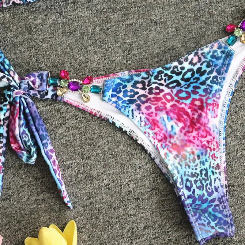 2026 Leopard Rhinestone Jewelled Bikini Women Hollow out Swimsuit female Thong Swimwear Diamond Bikini Set Halter Bathing Suit