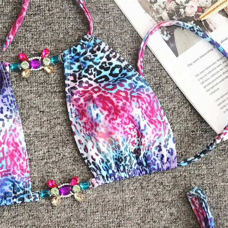 2026 Leopard Rhinestone Jewelled Bikini Women Hollow out Swimsuit female Thong Swimwear Diamond Bikini Set Halter Bathing Suit