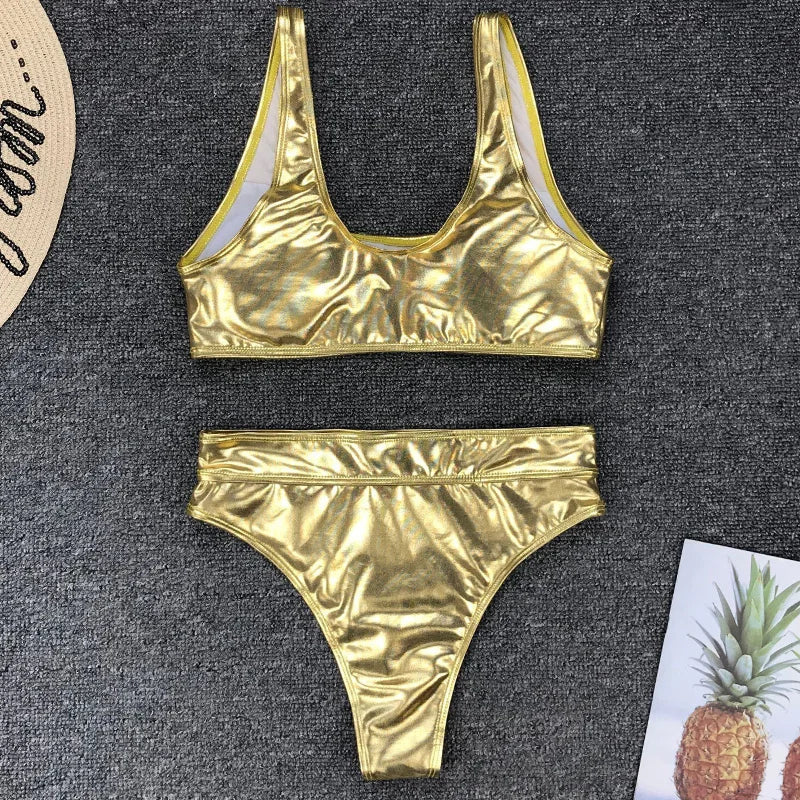Sexy Shiny PU Leather Bikini Women 2025 Bikinis Bling Swimwear One Piece Swimsuit Female Monokini Bather Bathing Suit Swim Lady