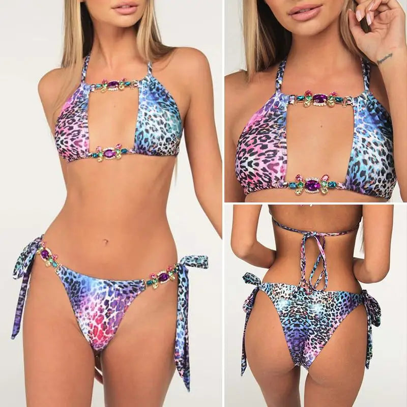 2026 Leopard Rhinestone Jewelled Bikini Women Hollow out Swimsuit female Thong Swimwear Diamond Bikini Set Halter Bathing Suit