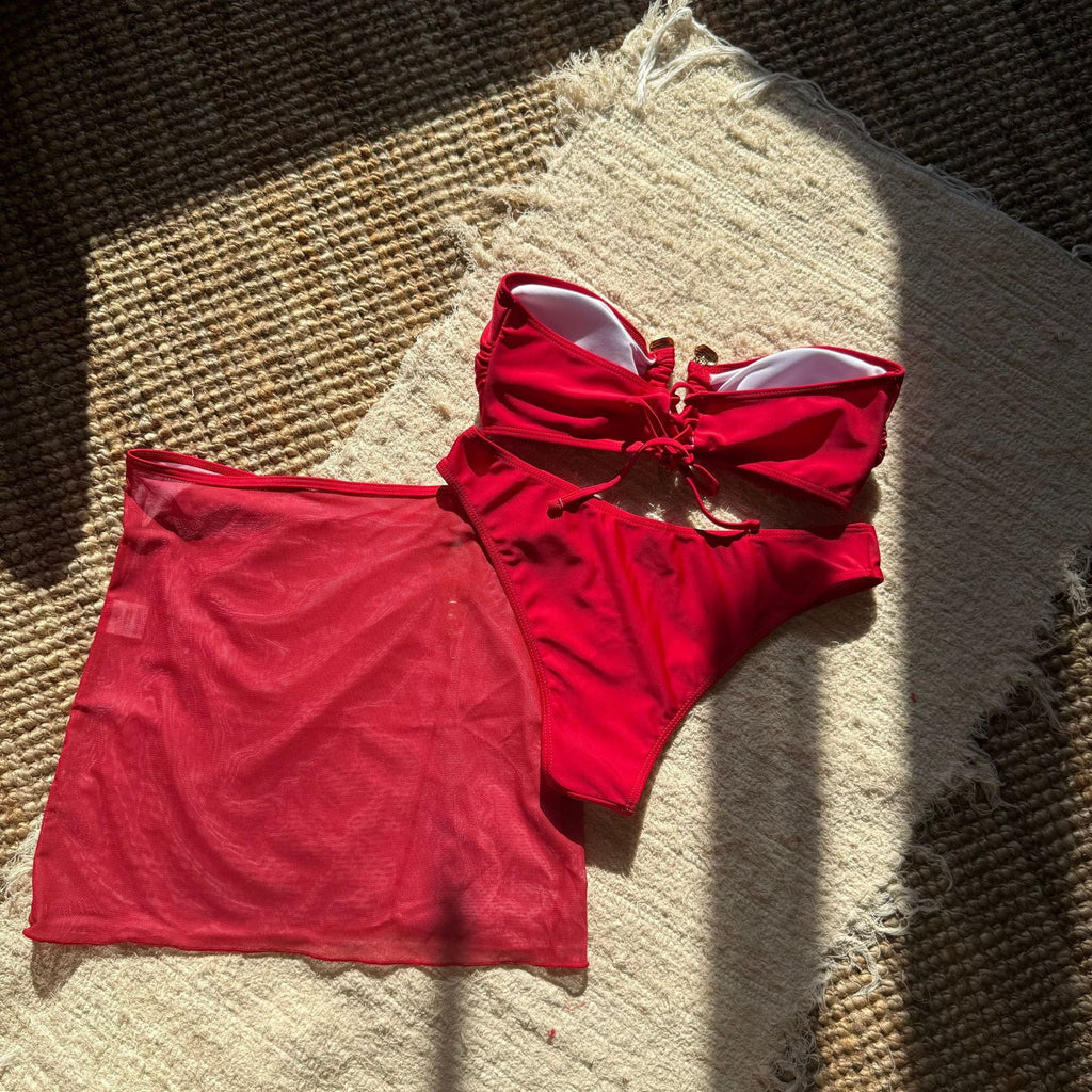With Mesh Skirt Bandeau Bikini Women Swimwear Female Swimsuit Three-pieces Bikini Set Metal Ring Bathing Suit Swim Beachwear