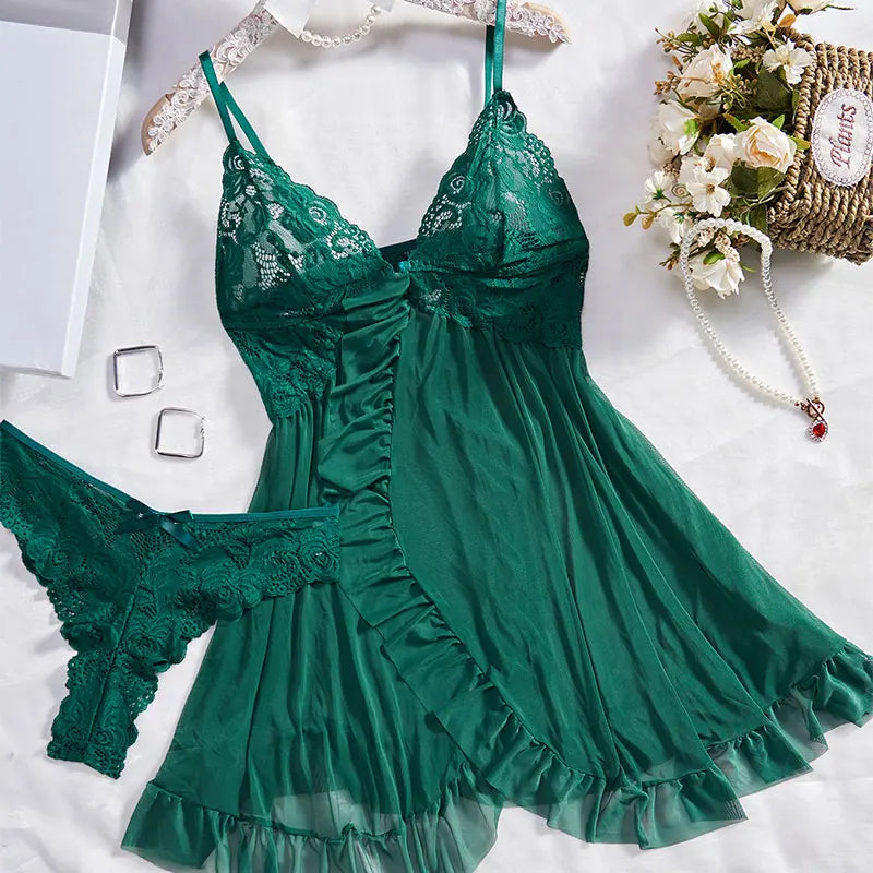Sexy Lingerie Set Women Erotic Bra Nightdress Sexy Lace V-Neck Underwear Solid Slim Soft Dresses Transparent Thong & Sleepwear