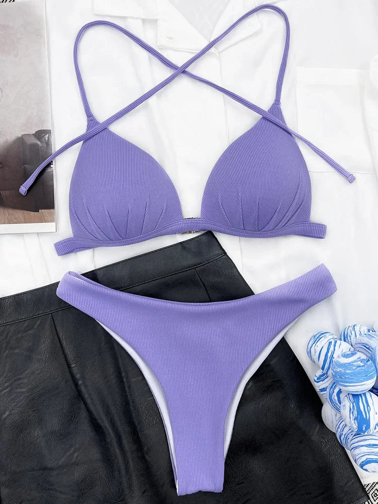 2025 Halter Bra Cup Bikini Women Swimsuit Female Push Up Swimwear Two Pieces Bikini Set Brazilian Bather Bathing Suit Swim Lady