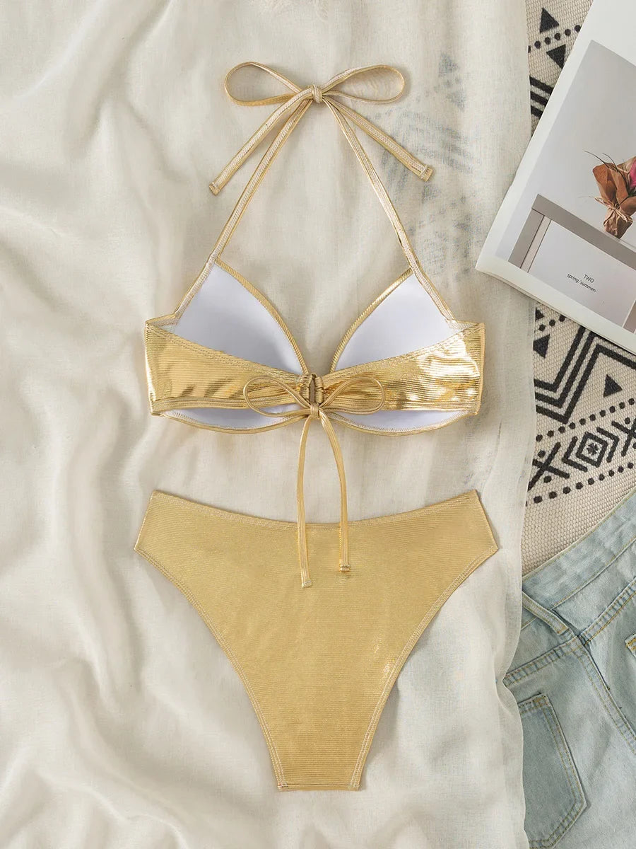 2026 PU Faux Leather Bra Cup Bikini Women Swimsuit Female Swimwear Two Pieces Bikini Set Push Up Bathing Suit Swim Beach Wear