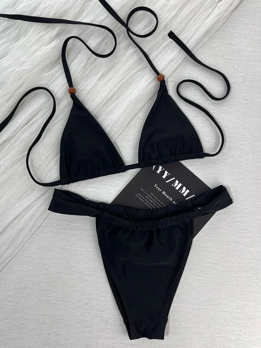 2026 Halter Mini Micro Beads Bikini Female Swimsuit Women Swimwear Two-pieces Bikini Set High Cut Leg Bather Bathing Suit Swim