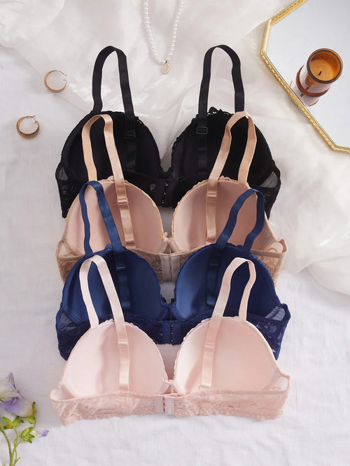 4PCS Plus Size Lace Women's Underwear Set Underwire Push Up Bra Rhinestone Bow Comfort B C D Thin Cup Bras Women
