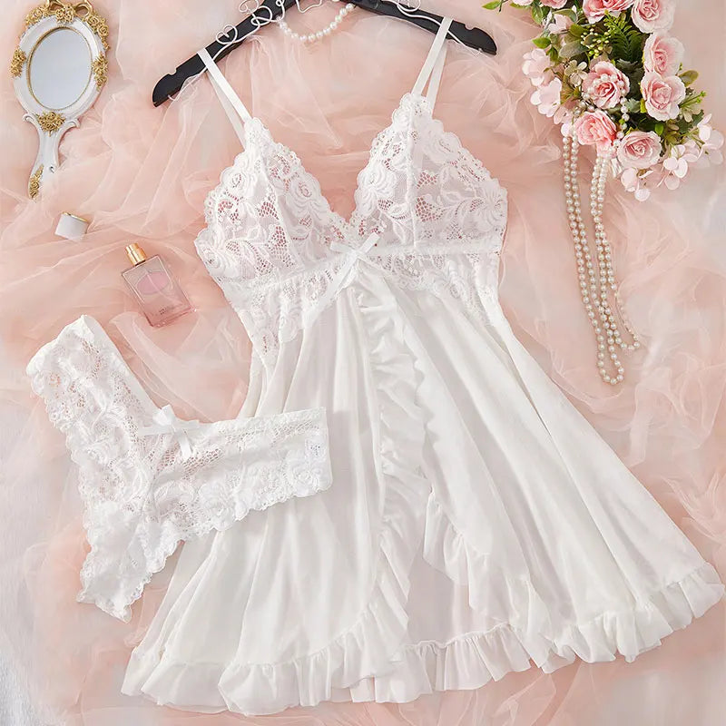 2025 Lace Sleeping Robe Nightgown Set Hot Erotic Pajamas With Summer Sleeveless Halter Dress Sexy Sleepwear For Plus Size Woman