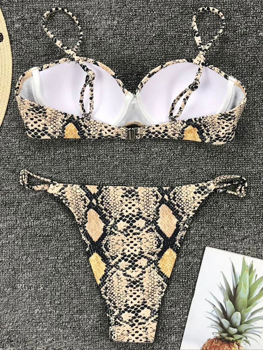 Sexy Snake Printed Underwired Bra Cup Bikini Women Swimsuit Female Swimwear Two pieces Bikini set Micro thong Bathing Suit Swim