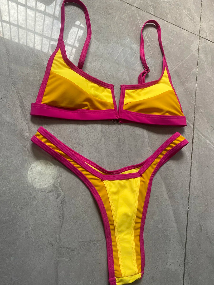 S - XL Splicing V Shaped Thong Bikini Women Swimsuit Female Swimwear Two Pieces Bikini Set Bather Push Up Bathing Suit Swim Lady