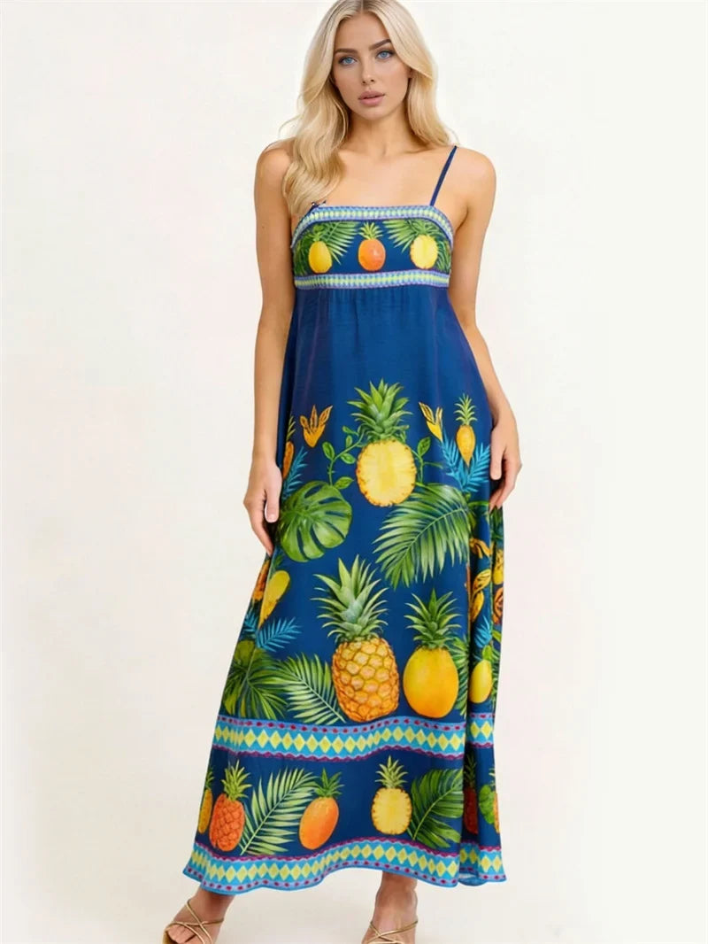 Women Floral Geometric Neck Long Party Dress Fashion Sleeveless Spaghetti Strap Dress Fashion Vacation Cocktail Flowy Sun Dress