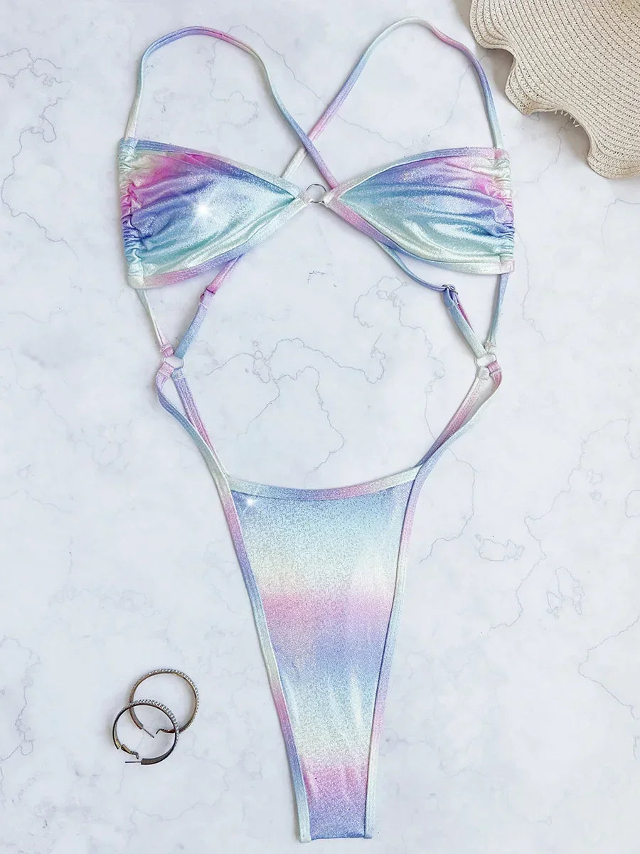 Gradient Extreme Mini Micro Thong Female Swimwear One Piece Swimsuit Women Backless Monokini High Cut Out Bathing Suit Swim Lady