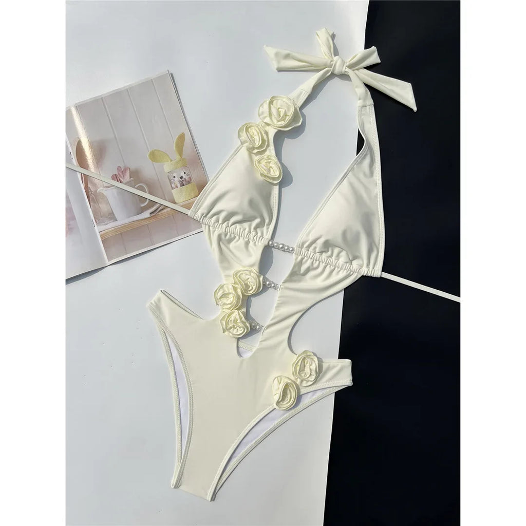 Pink Red Bather Bathing Suit Swim 3D Flower Deep V Neck One Piece Swimsuit Women Swimwear Female High Cut Leg Monokini V6986P