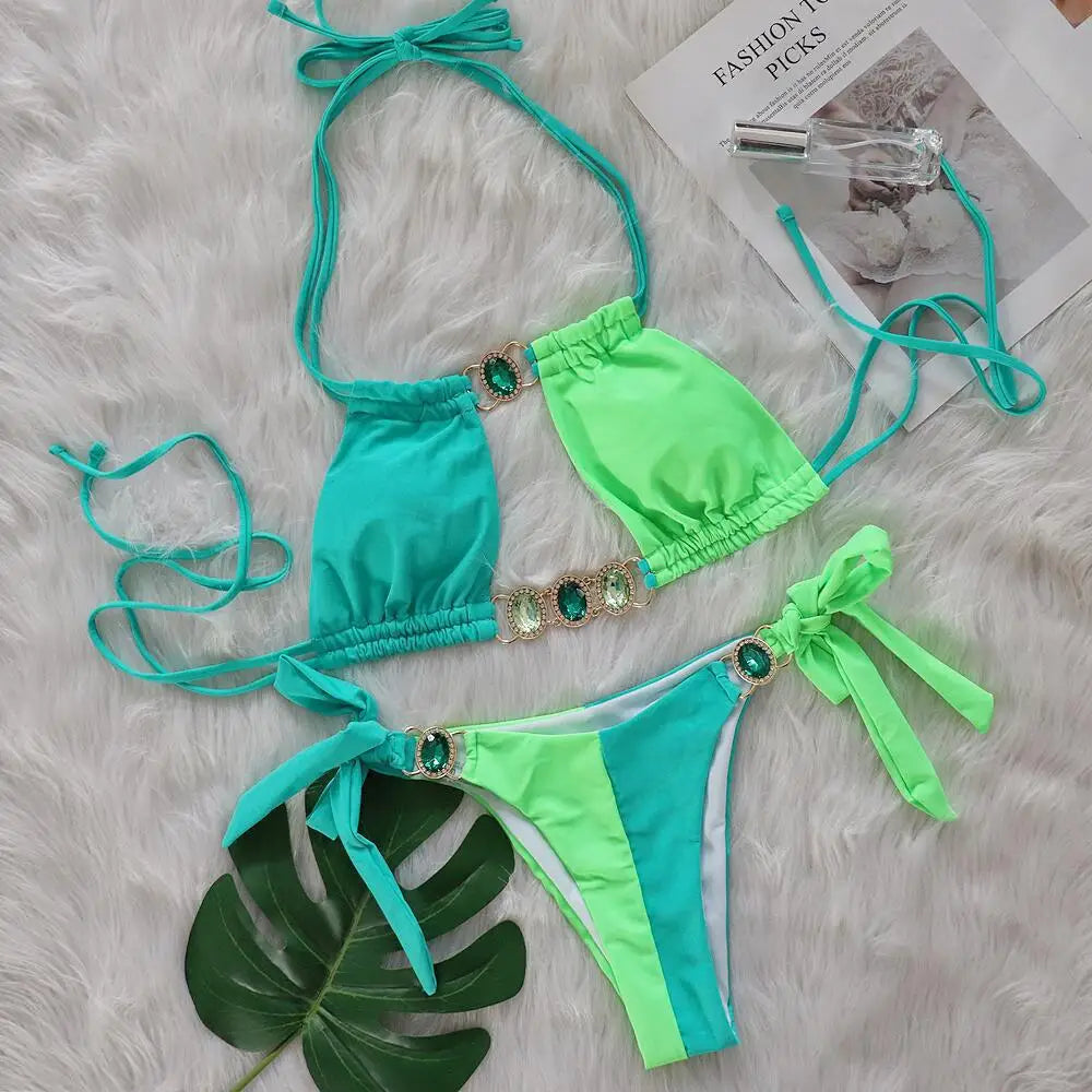 2026 Leopard Rhinestone Jewelled Bikini Women Hollow out Swimsuit female Thong Swimwear Diamond Bikini Set Halter Bathing Suit