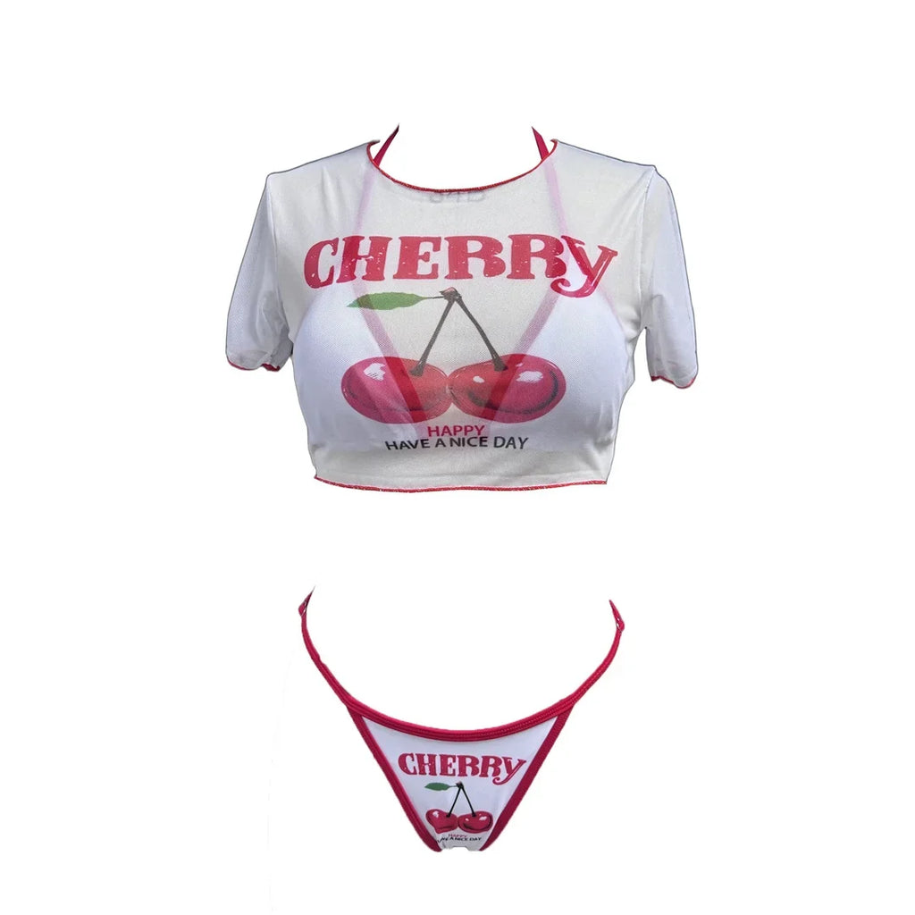 XS - L Cherry Printed Short Sleeve Bikini Female Swimsuit Women Swimwear Three-pieces Bikini set Bather Bathing Suit Swim V6854