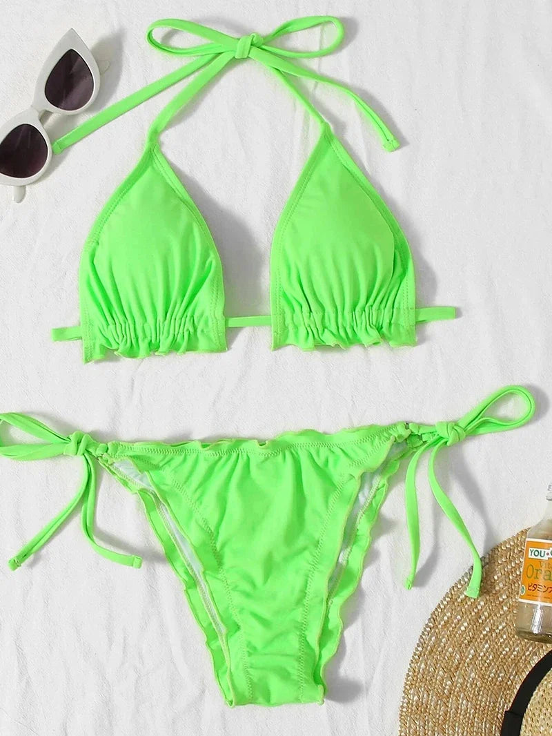 2026 Ribbed Ruffled Frilled Brazilian Bikini Women Swimsuit Female Swimwear Two Pieces Bikini Set Halter Bathing Suit Swim Lady