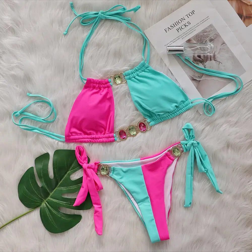 2026 Leopard Rhinestone Jewelled Bikini Women Hollow out Swimsuit female Thong Swimwear Diamond Bikini Set Halter Bathing Suit