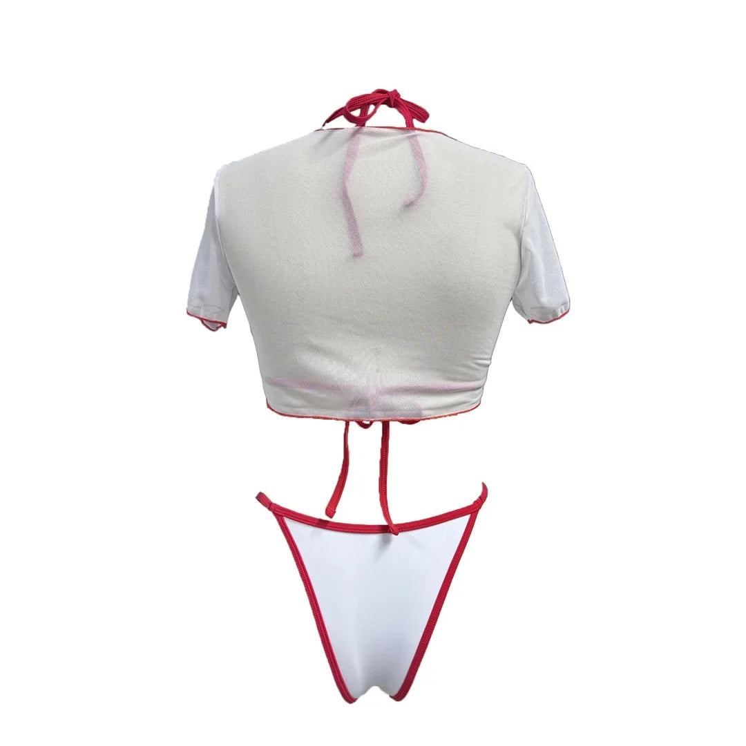 XS - L Cherry Printed Short Sleeve Bikini Female Swimsuit Women Swimwear Three-pieces Bikini set Bather Bathing Suit Swim V6854