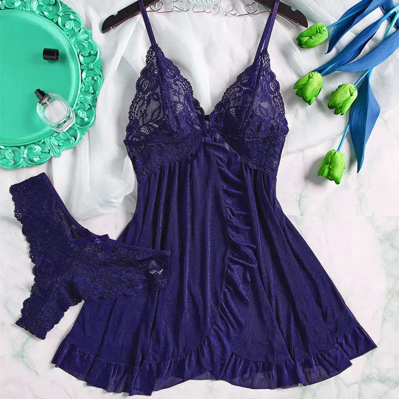 2 Pieces Women's Sleepshirts Sexy Lace Patchwork Camisola Lingerie Nighty Wedding Dress Pijamas Solid Slim Soft V Neck Nightgown