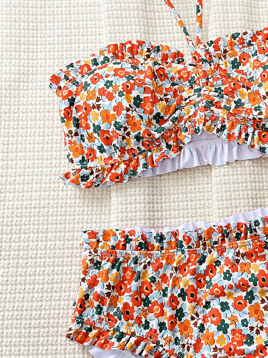 Flowers Printed Ruffled Bandeau Female Swimsuit High Waist Bikini Women Swimwear Two-pieces Bikini set Bather Bathing Suit Swim