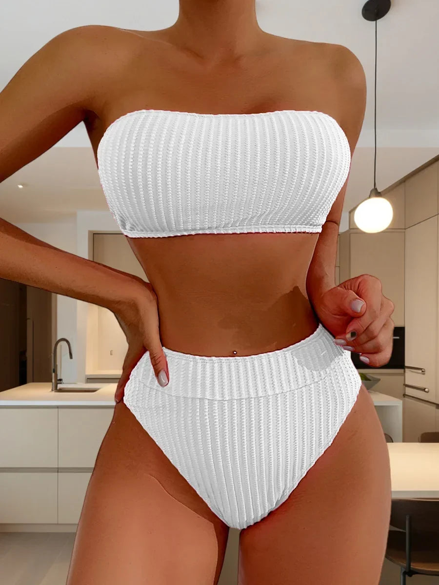 Wrinkled Bandeau Bikinis Female Swimsuit High Waist Bikini Women Swimwear Two-pieces Bikini Set Bather Bathing Suit Swim Lady