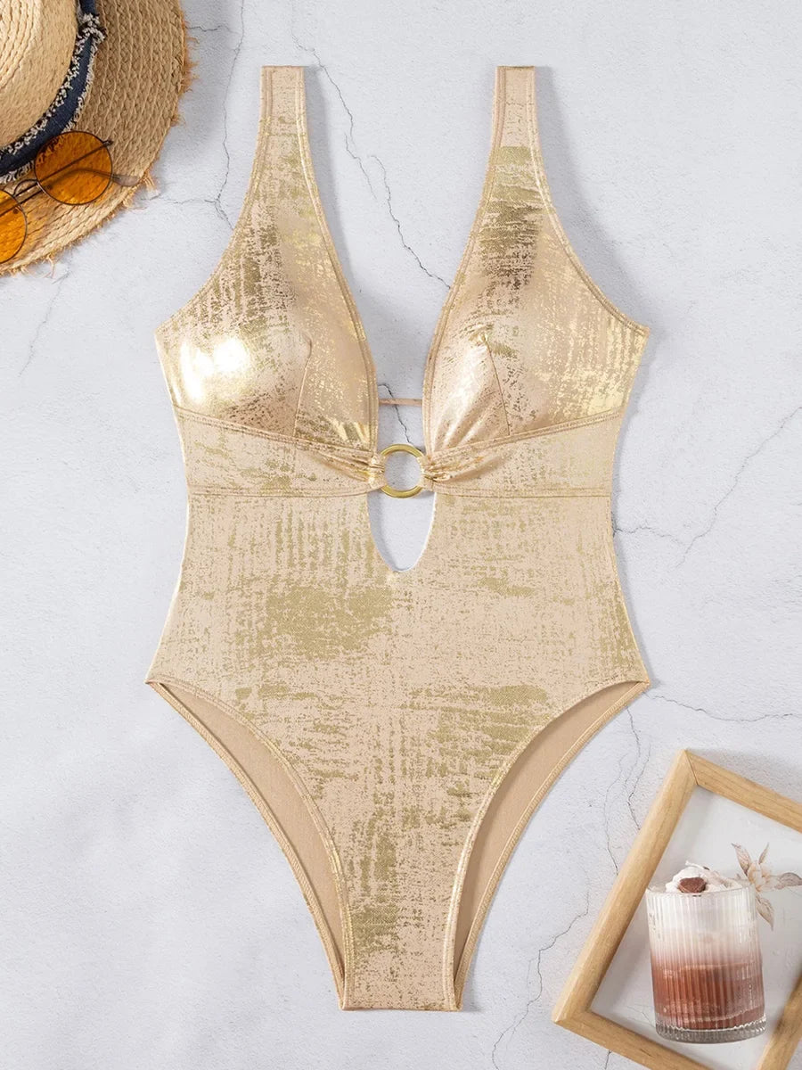 Golden Glitter Deep V Neck Female Swimwear One Piece Swimsuit Women Backless Monokini High Leg Cut Bathing Suit Swim Beachwear
