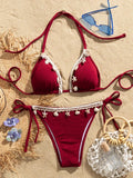 Shell Decoration Ribbed Halter Strappy Bikini Women Swimwear Female Swimsuit Two-pieces Bikini Set Bather Bathing Suit Swim Lady