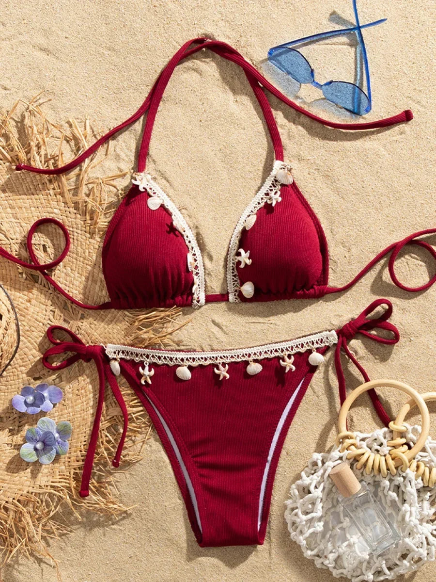 Shell Decoration Ribbed Halter Strappy Bikini Women Swimwear Female Swimsuit Two-pieces Bikini Set Bather Bathing Suit Swim Lady