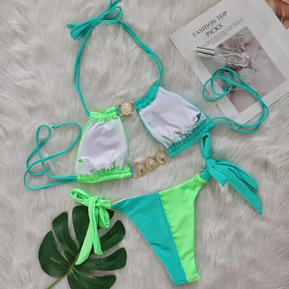 2026 Leopard Rhinestone Jewelled Bikini Women Hollow out Swimsuit female Thong Swimwear Diamond Bikini Set Halter Bathing Suit