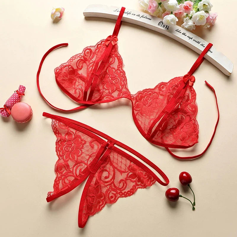 Lace Sexy Lingerie Bra Set Transparent Underwear Erotic Strappy Hollow  Lingerie Set Hot Garter & Thong Women Porn White Bra Set