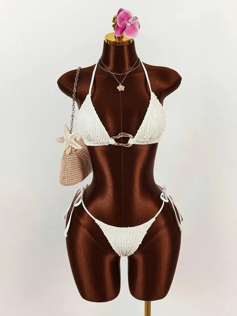 Long Sleeve Mesh Sheer Cover Up Halter Bikini Female Swimsuit Women Swimwear Three-piece Bikini Set Bathing Suit Swim Beachwear