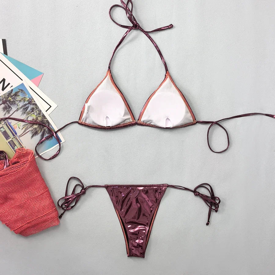 Women Metallic Glitter Pink Gold Micro Mini String Bikini Sets 4 Pieces with Mesh Cover Tops and Mini Skirt Swimsuit Biquini