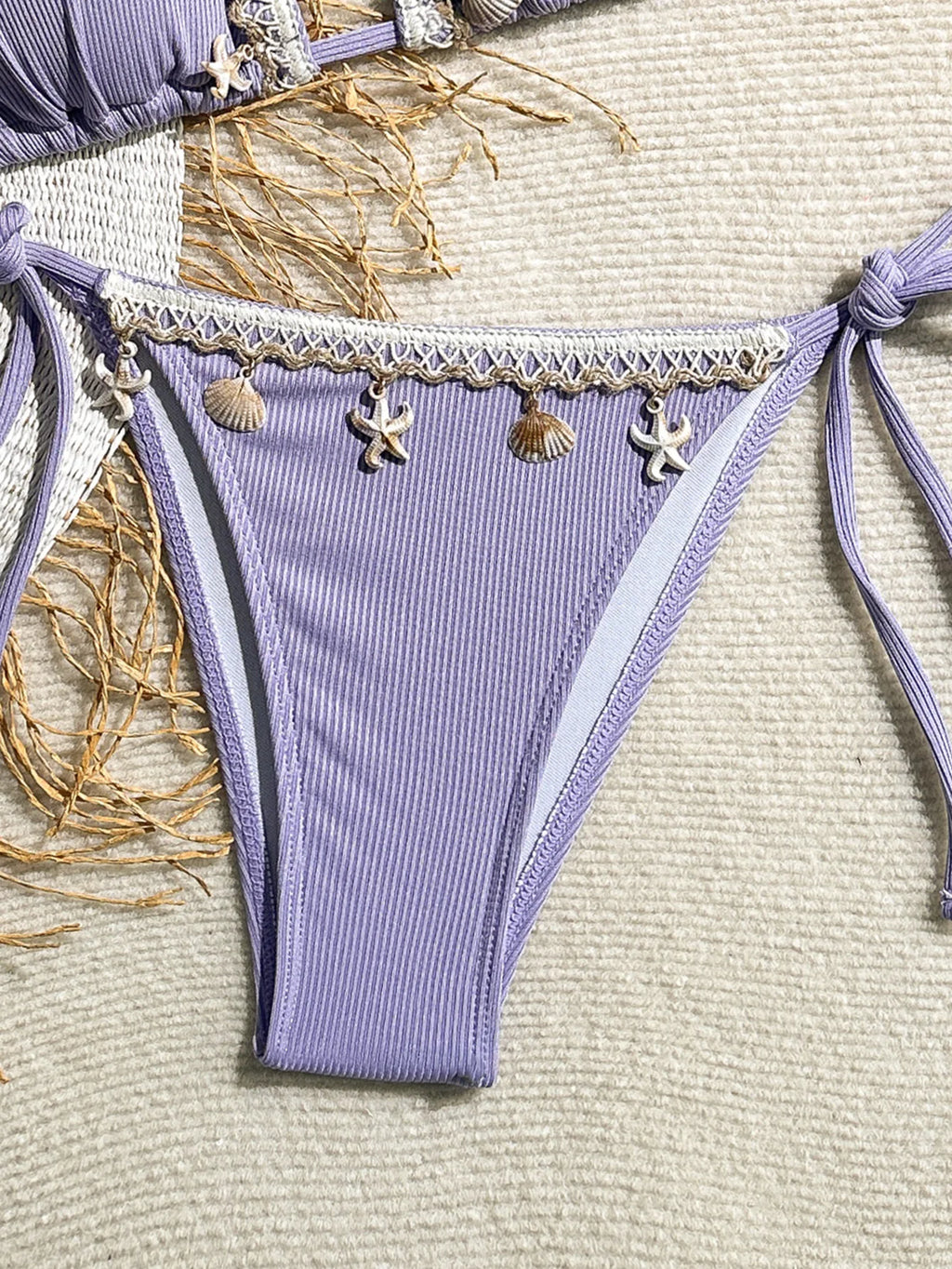 Shell Decoration Ribbed Halter Strappy Bikini Women Swimwear Female Swimsuit Two-pieces Bikini Set Bather Bathing Suit Swim Lady