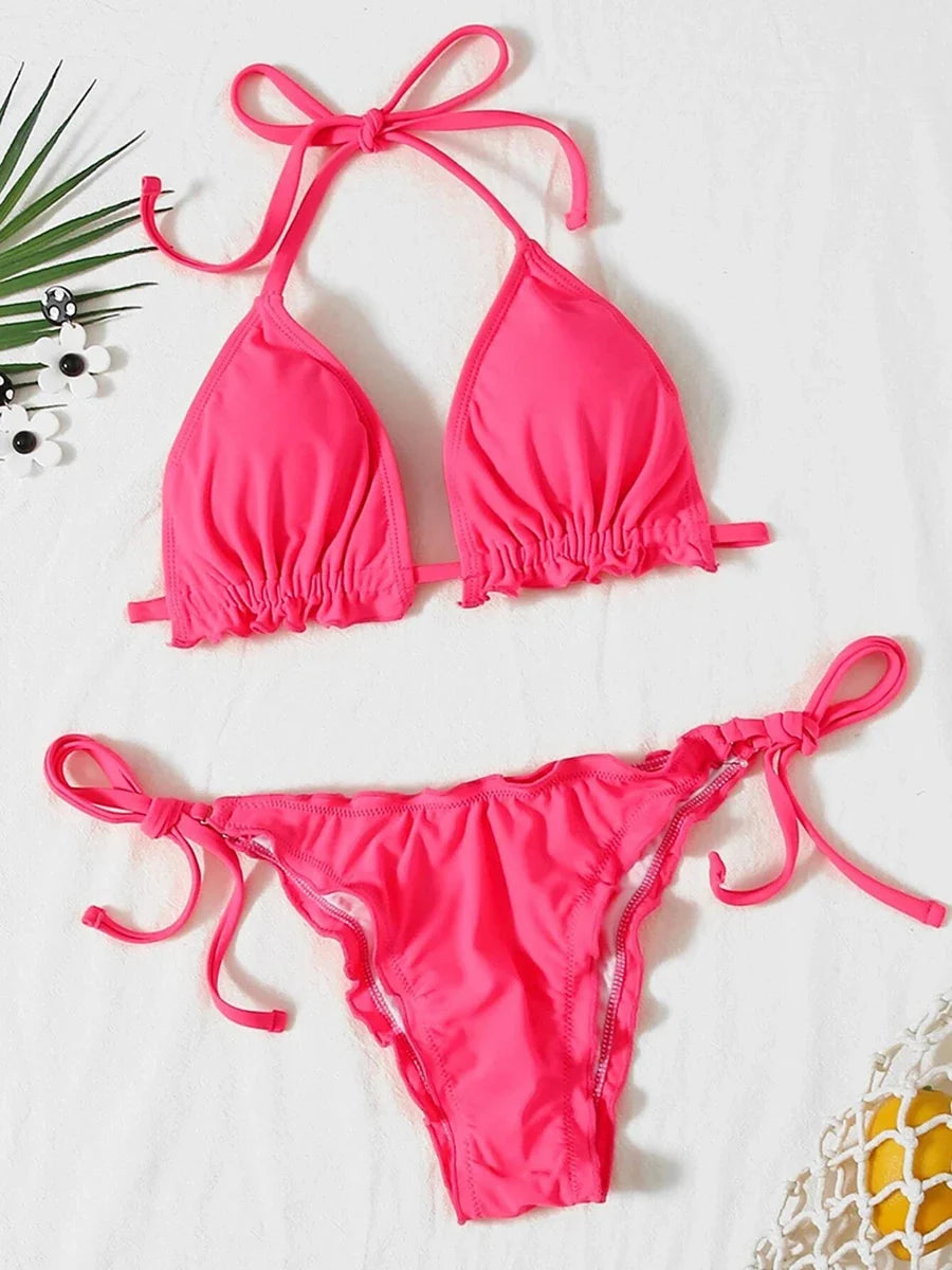 2026 Ribbed Ruffled Frilled Brazilian Bikini Women Swimsuit Female Swimwear Two Pieces Bikini Set Halter Bathing Suit Swim Lady