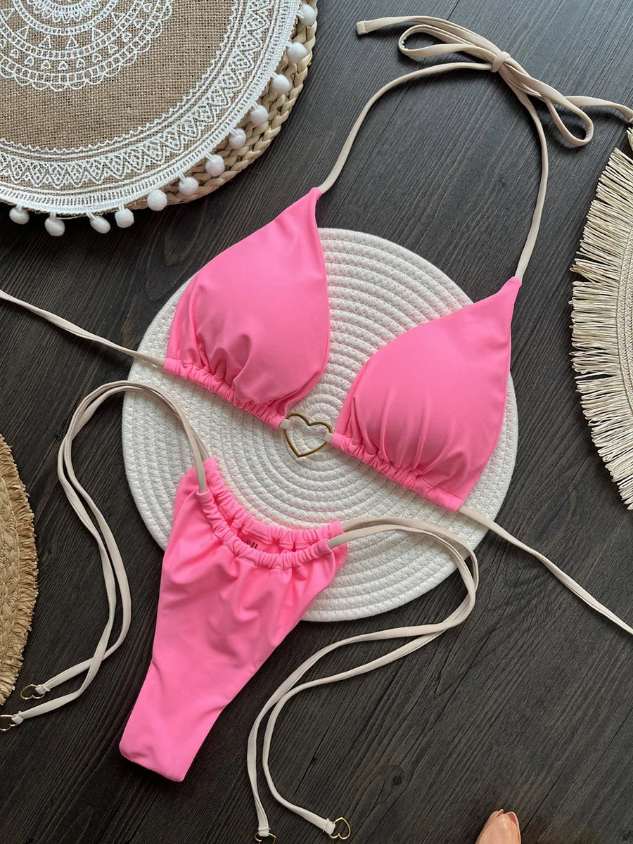 Heart-shaped Halter Micro Thong Bikini Female Swimsuit Women Swimwear Two-pieces Bikini Set Brazilian Bather Bathing Suit Swim