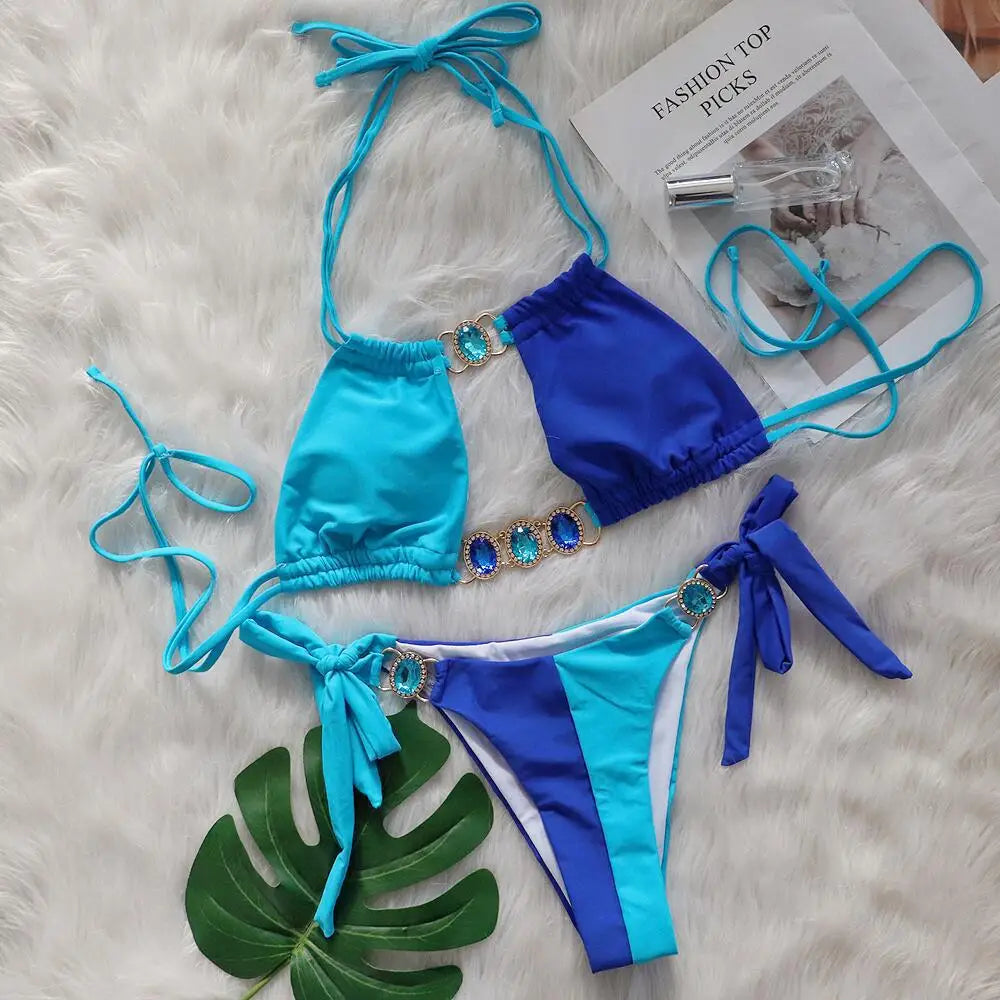 2026 Leopard Rhinestone Jewelled Bikini Women Hollow out Swimsuit female Thong Swimwear Diamond Bikini Set Halter Bathing Suit