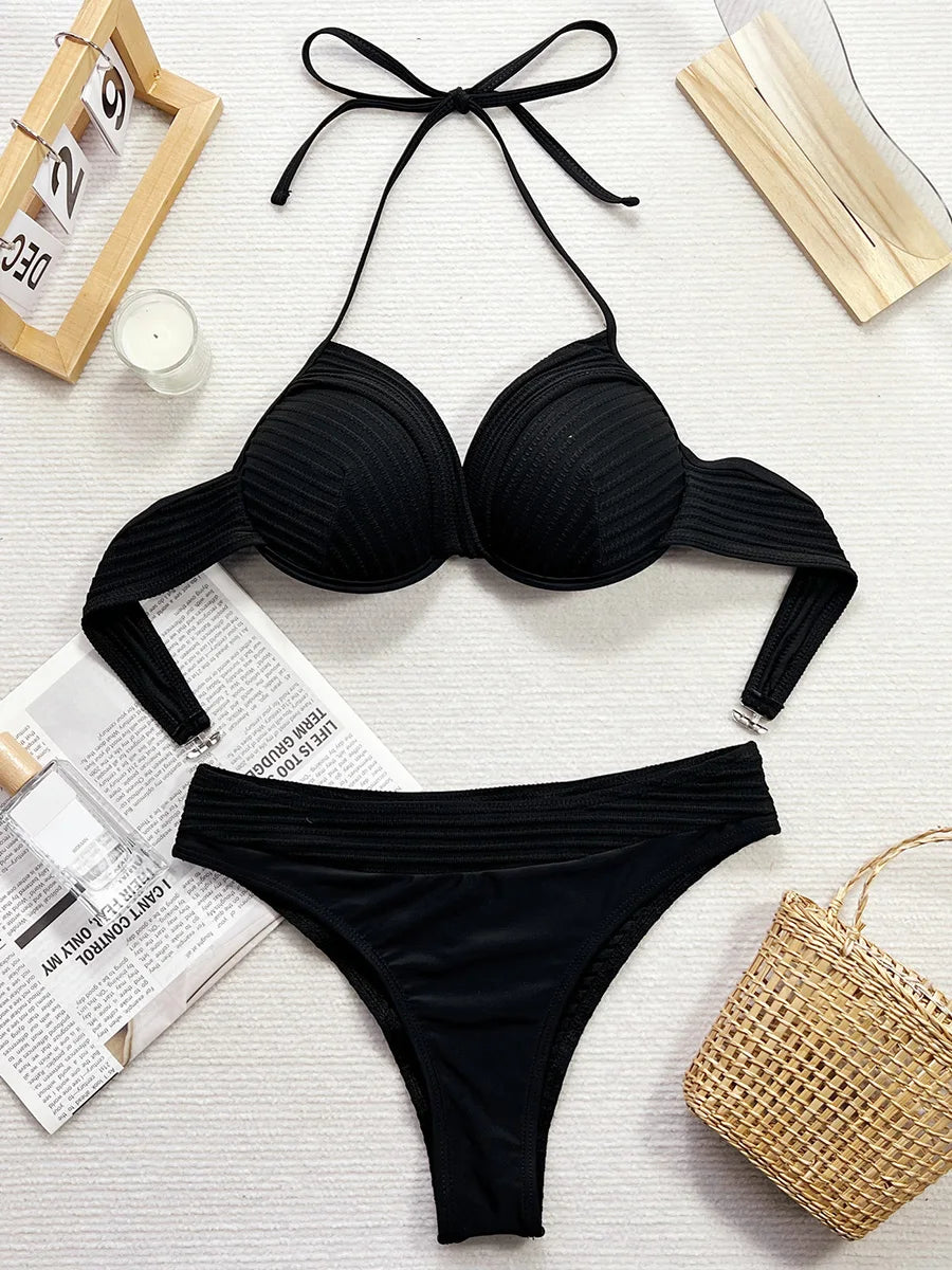 Underwired Bra Cup Halter High Waist Bikini Women Swimsuit Female Swimwear Two Pieces Bikini Set Push Up Bathing Suit Swim Lady