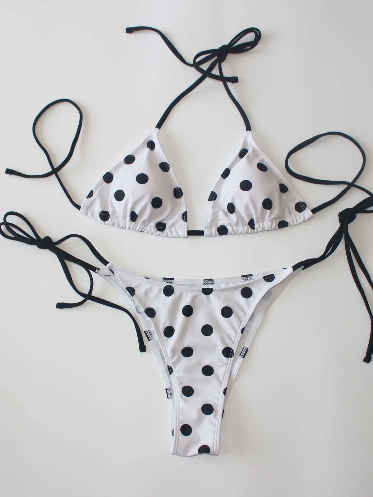 Ladies Black White Polka Dot Print Bikini Set Two-Piece Sexy Strap Backless Design Beach Vacation Swimwear Collection