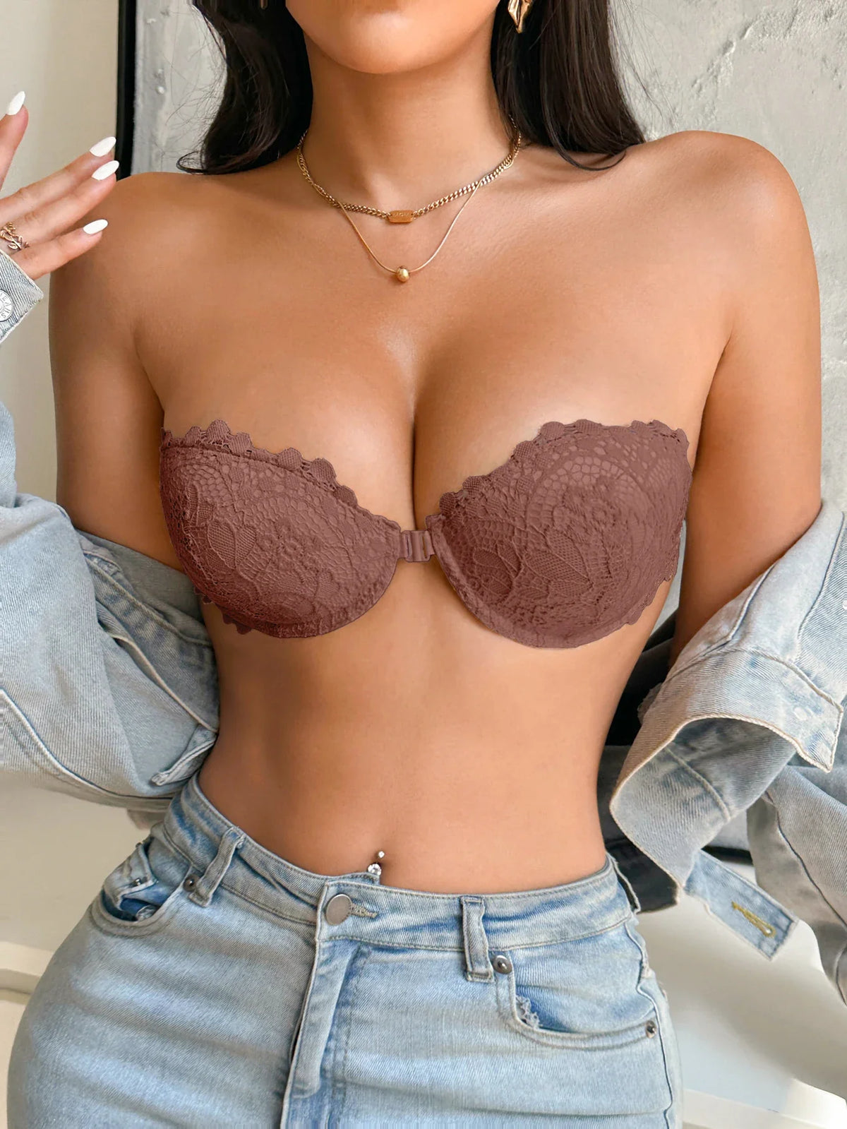 3Pcs Women Half Cup Lace Strapless Bra Adjustable Non-slip Off Shoulder Underwire Support Front Buckle Push Up Brassiere XS-L