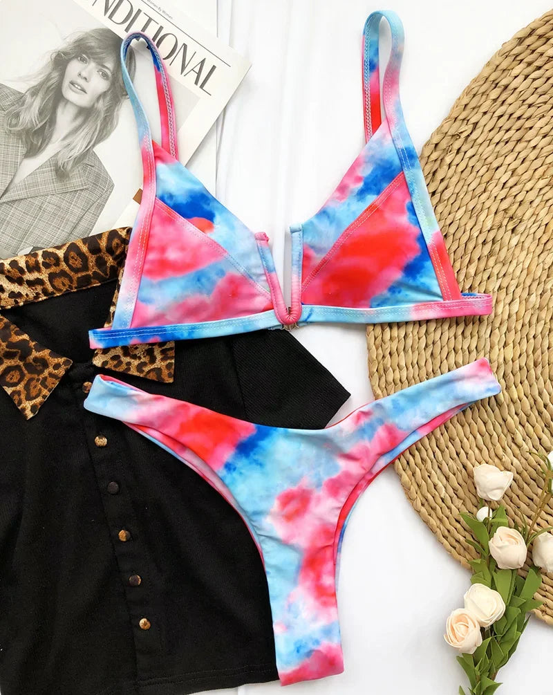 S - XL Splicing V Shaped Thong Bikini Women Swimsuit Female Swimwear Two Pieces Bikini Set Bather Push Up Bathing Suit Swim Lady