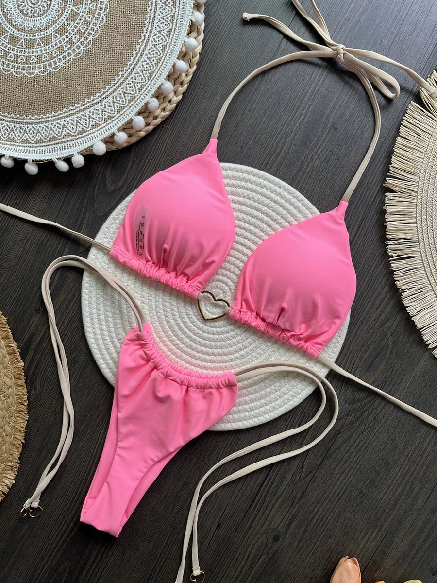Heart-shaped Halter Micro Thong Bikini Female Swimsuit Women Swimwear Two-pieces Bikini Set Brazilian Bather Bathing Suit Swim