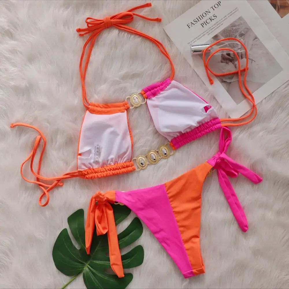 2026 Leopard Rhinestone Jewelled Bikini Women Hollow out Swimsuit female Thong Swimwear Diamond Bikini Set Halter Bathing Suit