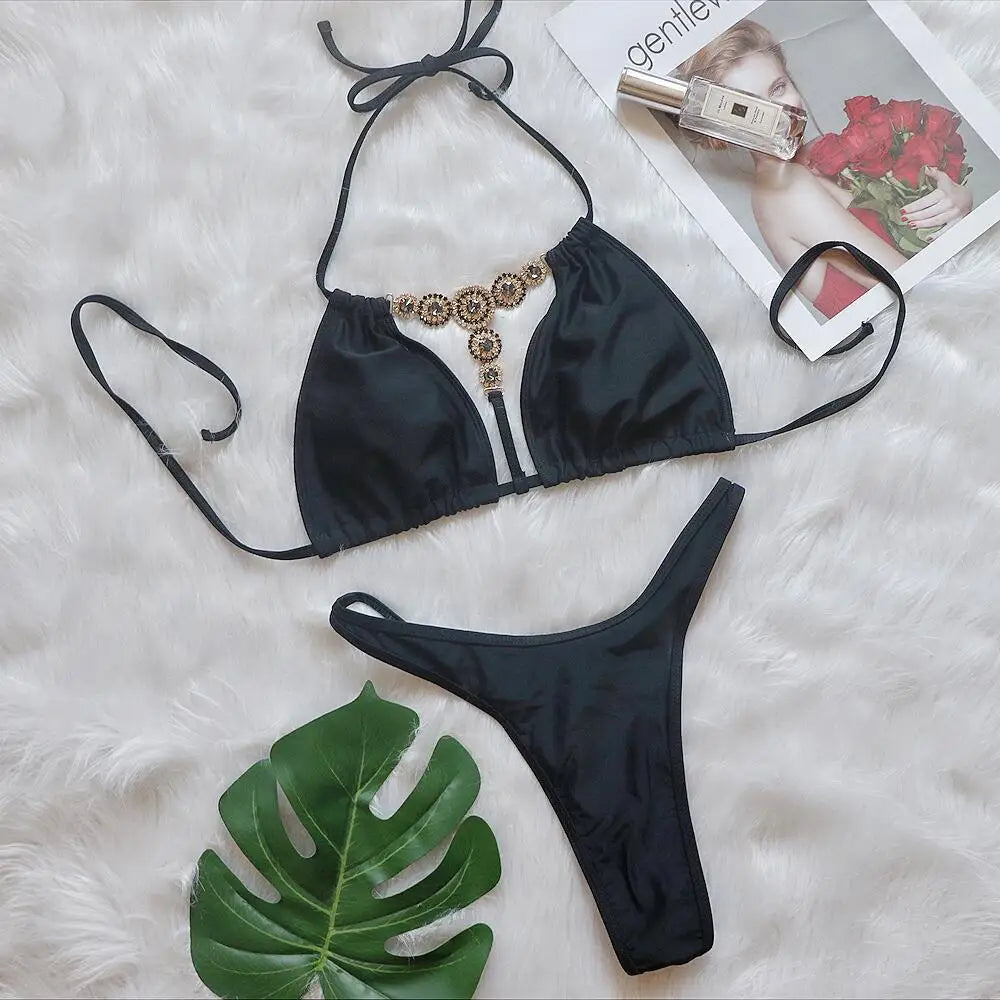 Extreme Mini Micro String Diamond Bikini Women Swimsuit Female Triangle Swimwear Two Pieces Bikini Set Halter Bathing Suit Swim