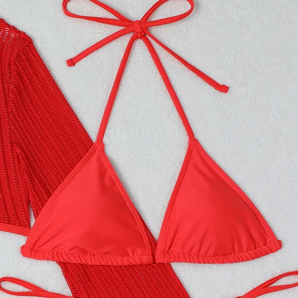 Women micro mini halter bikinis sets 3pcs with knitted long sleeve hollow out mini dress swimsuit bathing suit beach outfits