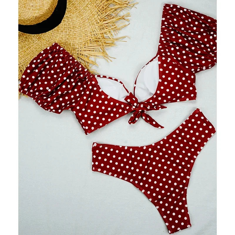 Sexy V Neck Short Sleeve Polka Dot Bikini Female Swimsuit Women Swimwear Two-pieces Bikini set Bather Bathing Suit Swim Lady