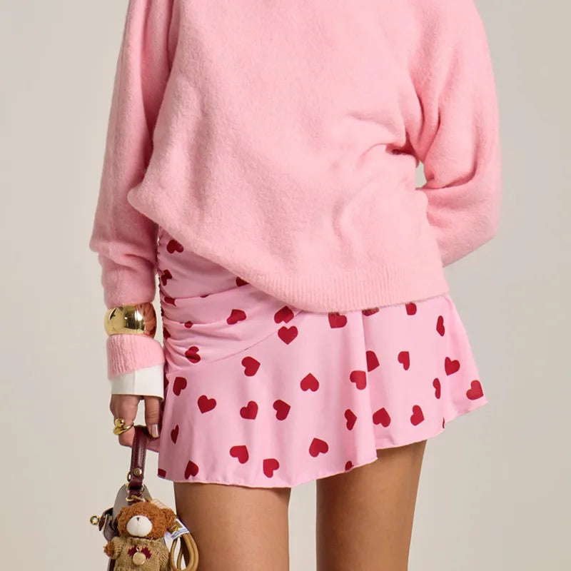 Women Heart Print Ruched Skirt Fashion Streetwear Casual Mini Skirt Valentine'S Day Mini Skirts High Waist Skirts Streetwear