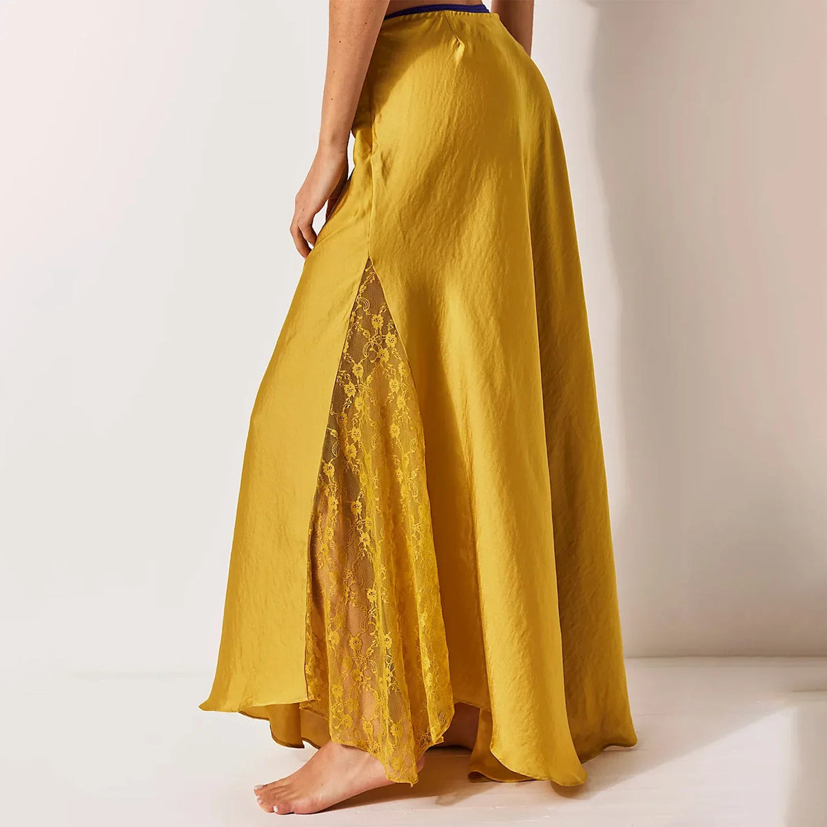 Solid Women Long Skirts Summer Elegant Low Waist Lace Satin Patchwork Skirts with Lace Flower Vintage Skirts Ball Gown Skirts