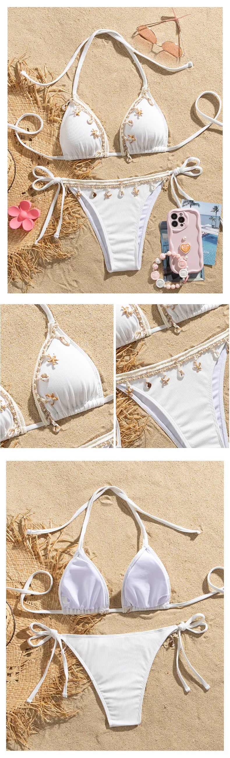 Shell Decoration Ribbed Halter Strappy Bikini Women Swimwear Female Swimsuit Two-pieces Bikini Set Bather Bathing Suit Swim Lady