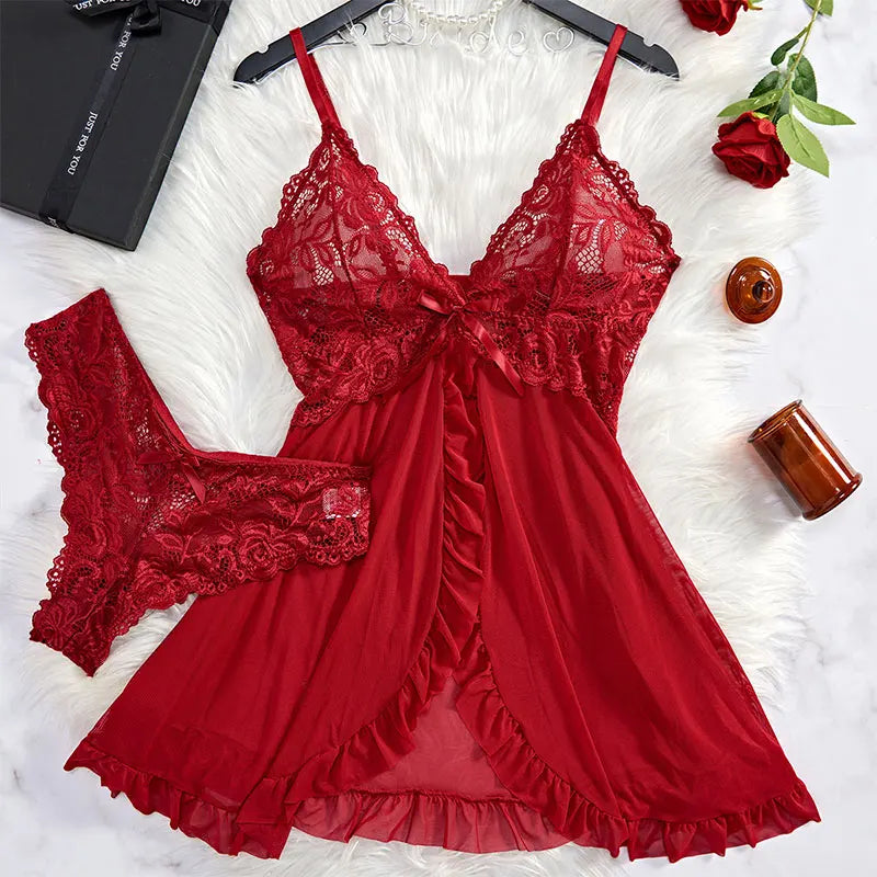 2025 Lace Sleeping Robe Nightgown Set Hot Erotic Pajamas With Summer Sleeveless Halter Dress Sexy Sleepwear For Plus Size Woman