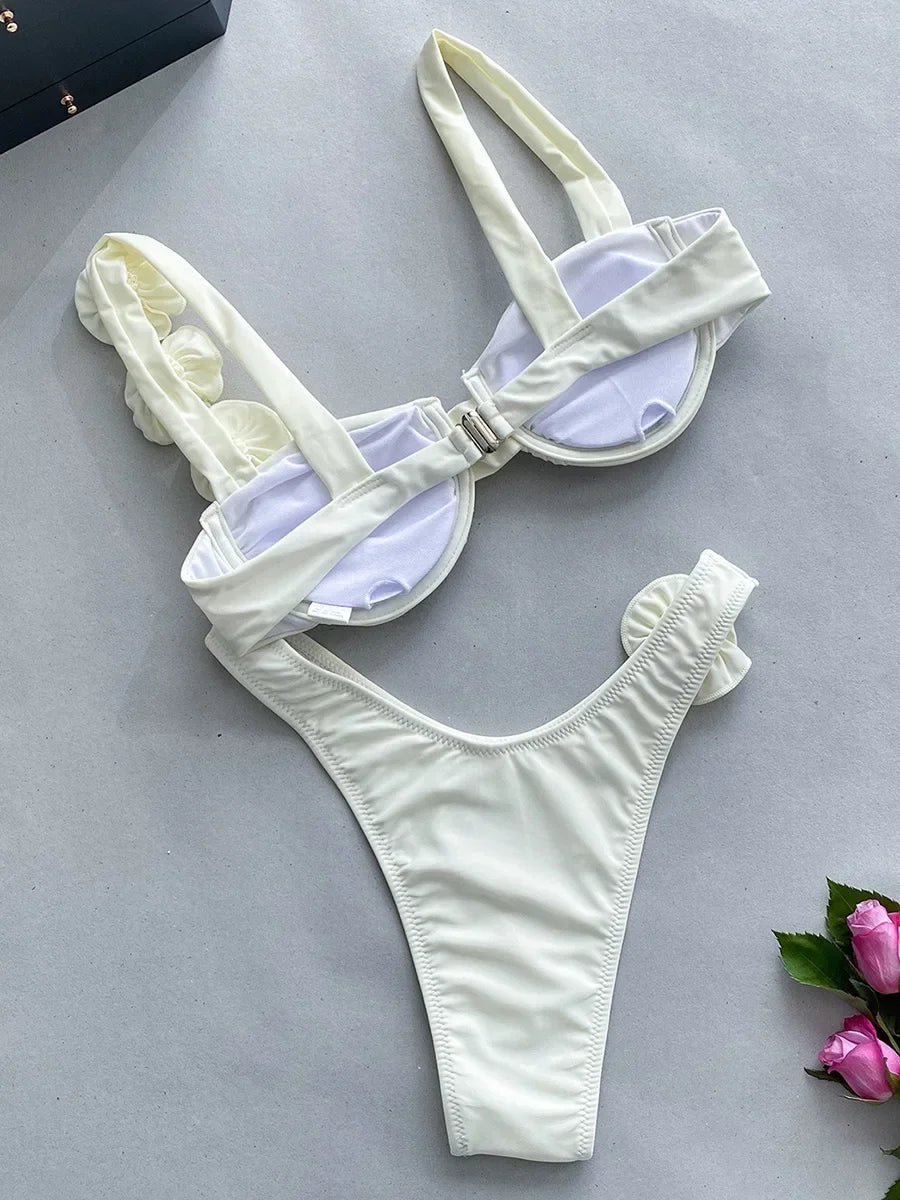3D Flowers Underwired Brazilian Bikini Women Thong Swimwear Female Swimsuit Two-pieces Bikini Set Push Up Bathing Suit Swim