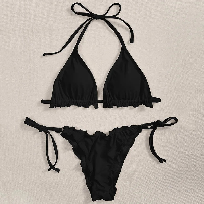 2026 Ribbed Ruffled Frilled Brazilian Bikini Women Swimsuit Female Swimwear Two Pieces Bikini Set Halter Bathing Suit Swim Lady